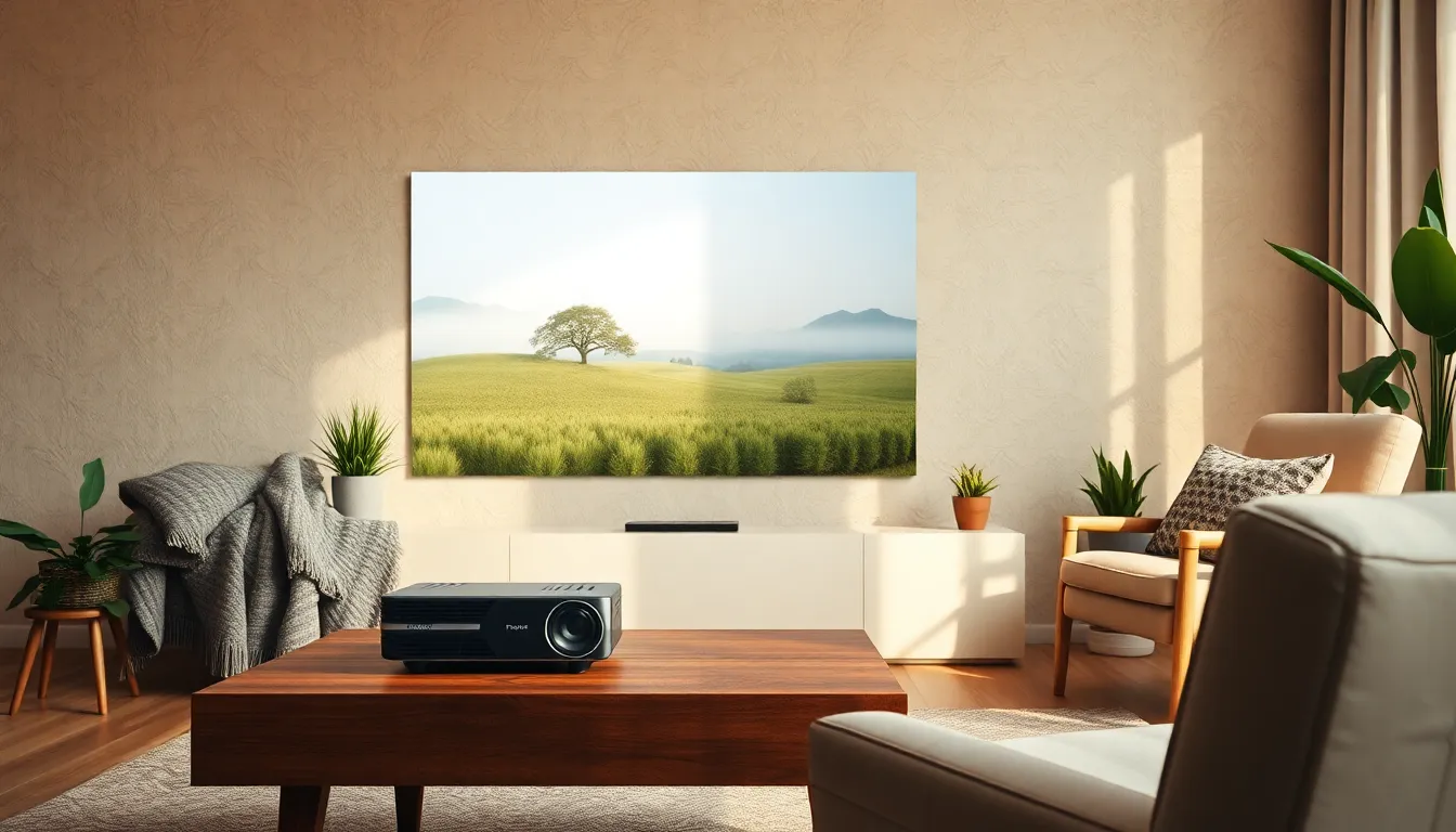 빔프로젝터가 투사하는 고화질 영화 장면